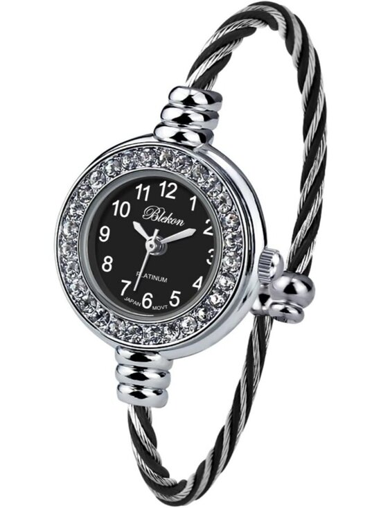Accessories - Women Silver And Black Analog Cable Cuff Arabic Number Rhinestone Bracelet Watch